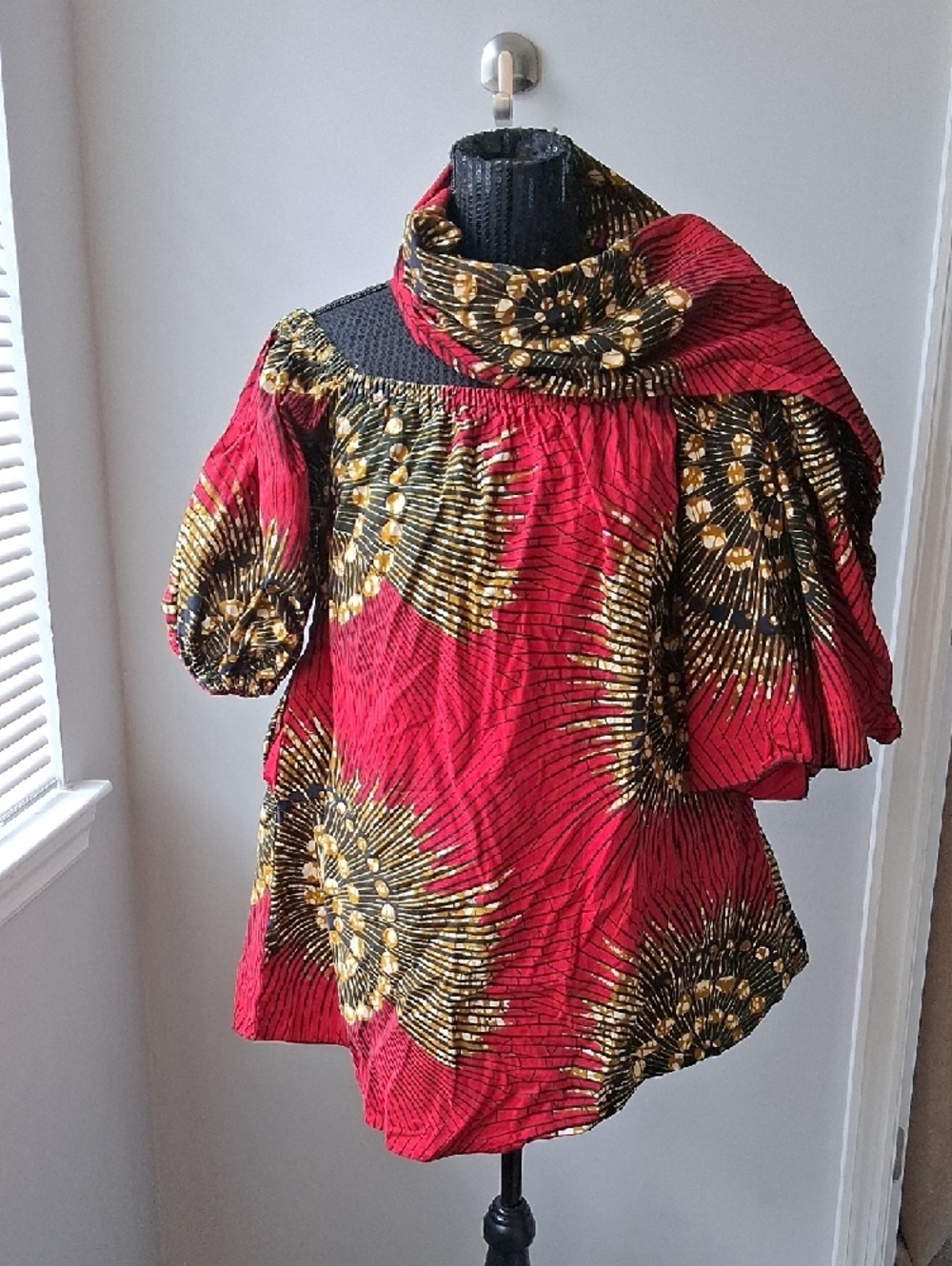 Red Patterned Puff-Sleeve Women's Dress And Scraf